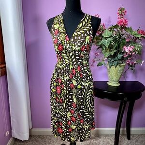 BANANA REPUBLIC Brown/Lime Mod Floral Knit Stretchy Sleeveless Dress + Sweater